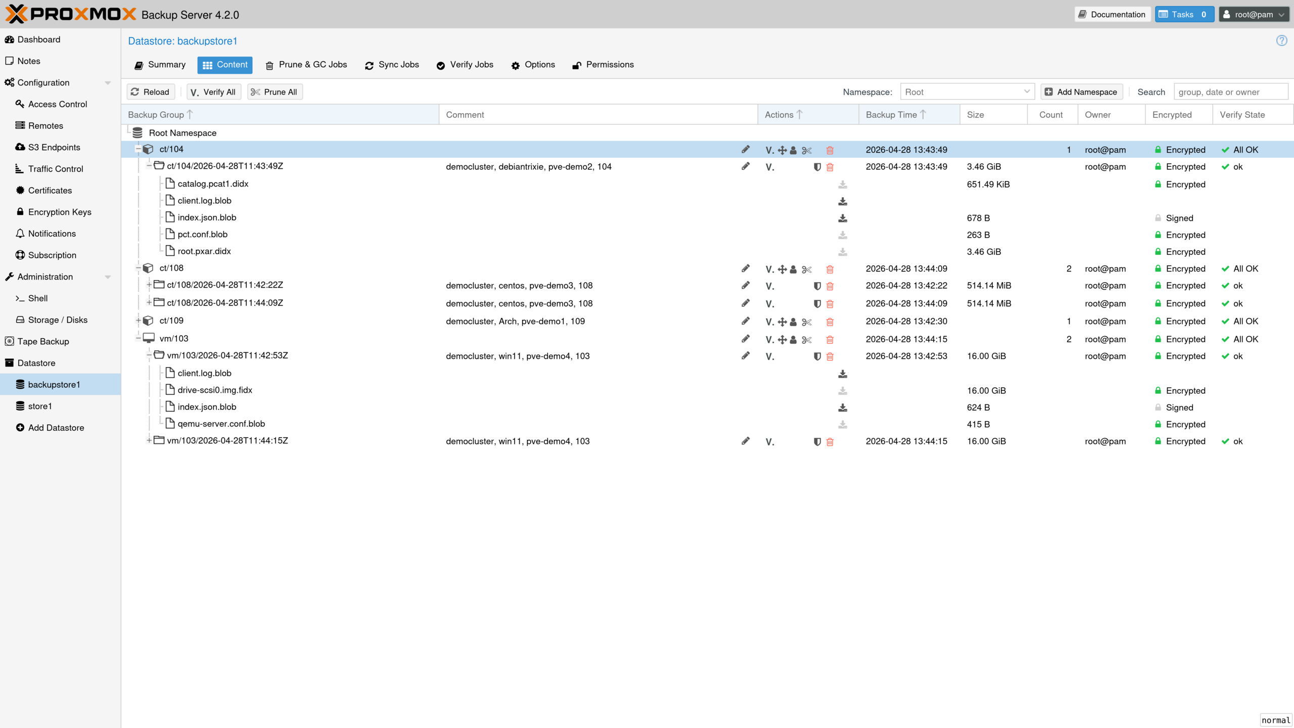 Proxmox Backup Server 4.2 — Datastore-Inhalt