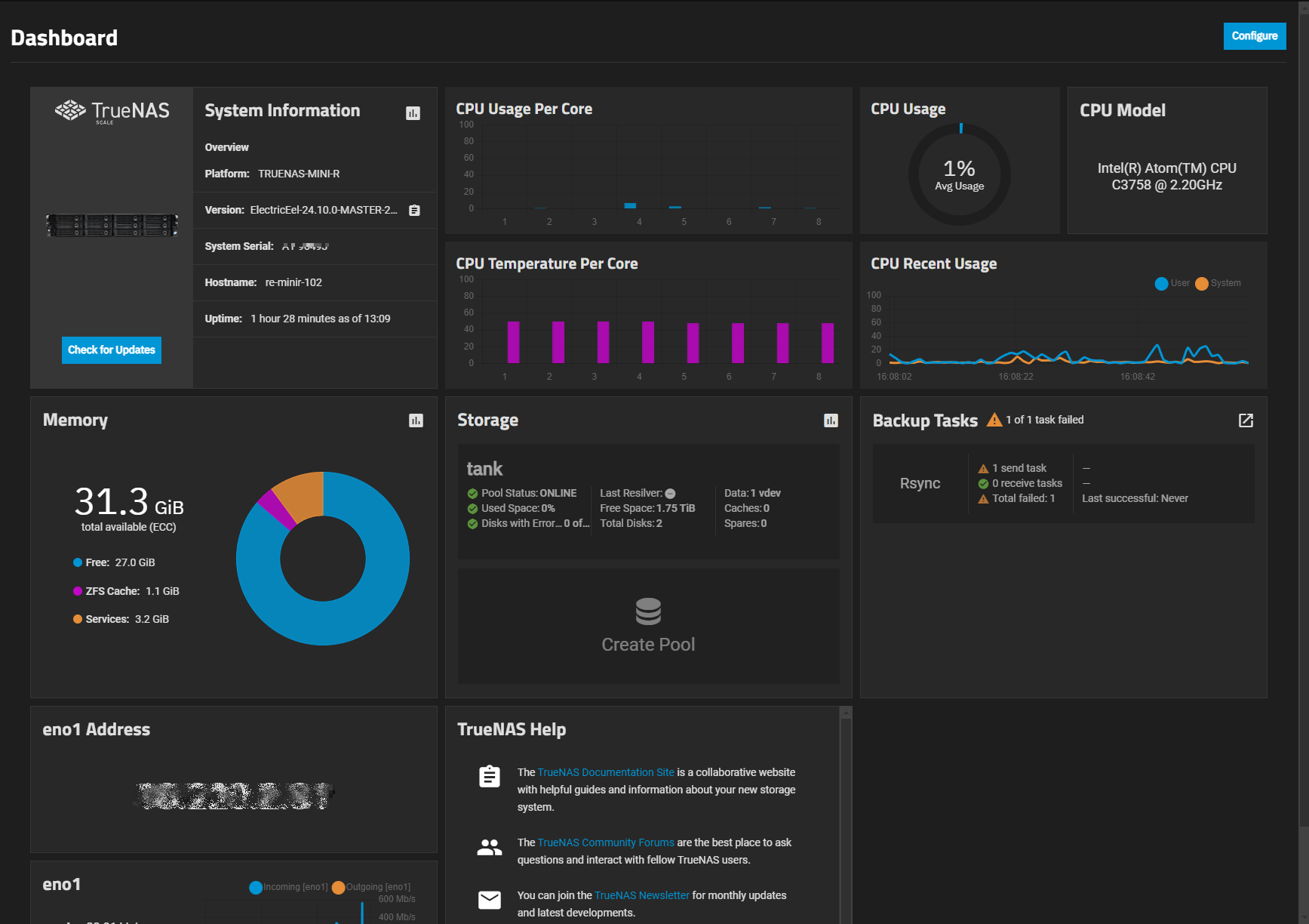 TrueNAS — Dashboard